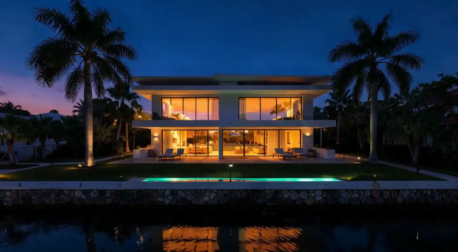 A contemporary white waterfront house glowing at dusk across a calm bay (illustrative, generated).
