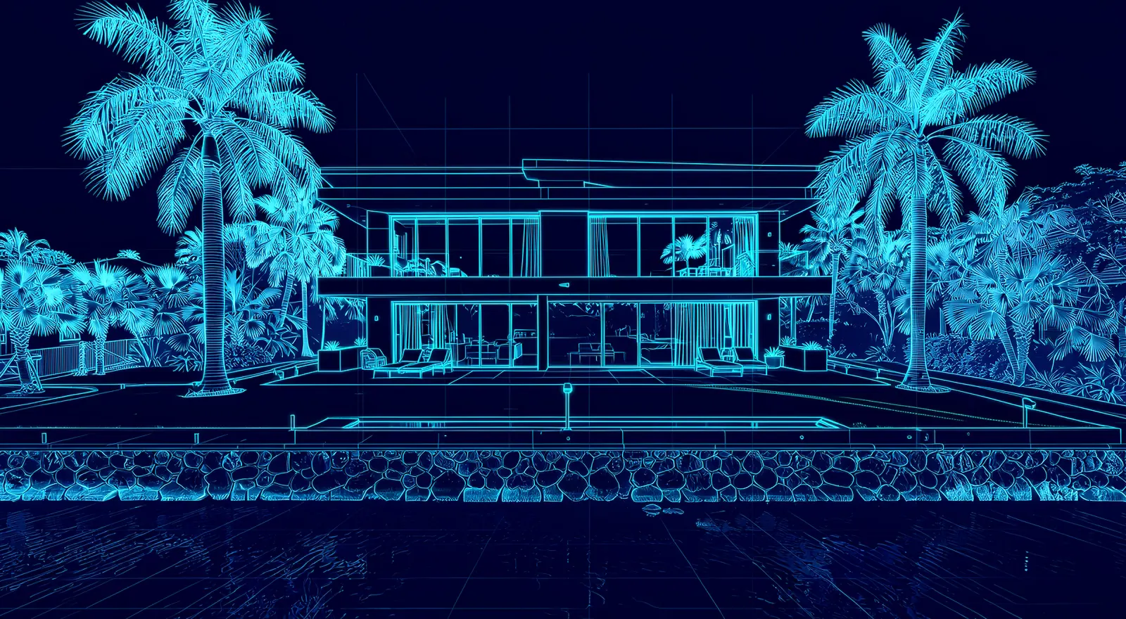 A glowing blueprint of a modern waterfront house between two palms (illustrative, generated).